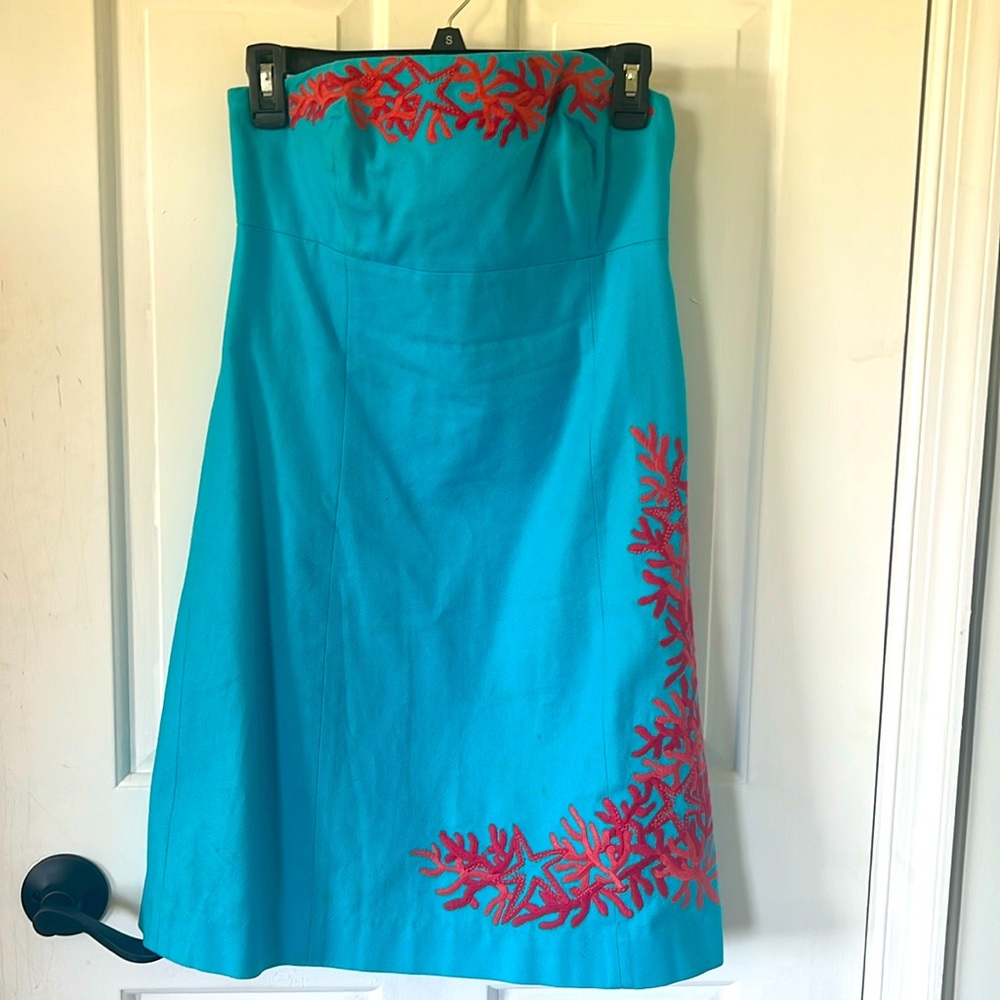 🪸 Lilly Pulitzer Strapless Turquoise and Coral Dress 🪸
